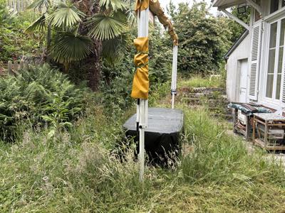 Vue d'ensemble du jardin remis en état autour de la terrasse — avant